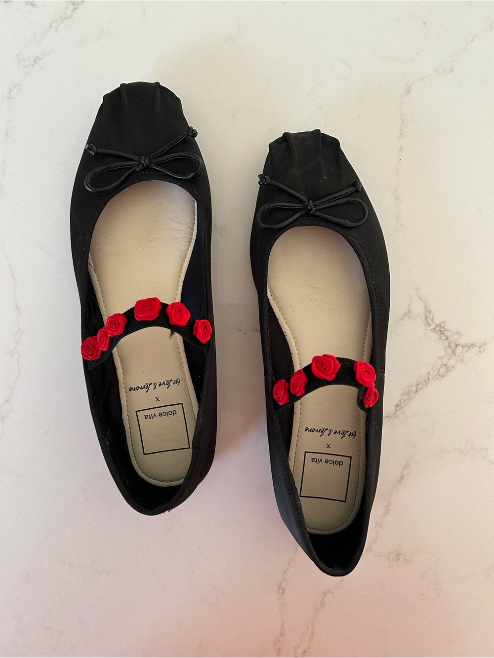 Dolce Vita Satin Black Ballet Flats with Red Roses